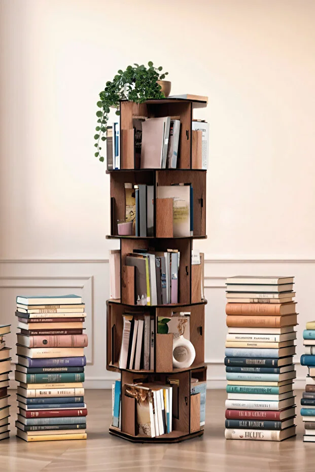 5 Katlı Döner Kitaplık | 360° Dönebilen, 100 Kitap Kapasiteli, Ceviz Renk